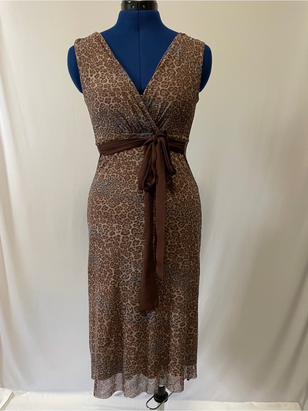 Weston Wear Brown Leopard Print Wrap Midi Dress with Waist Tie Size Small